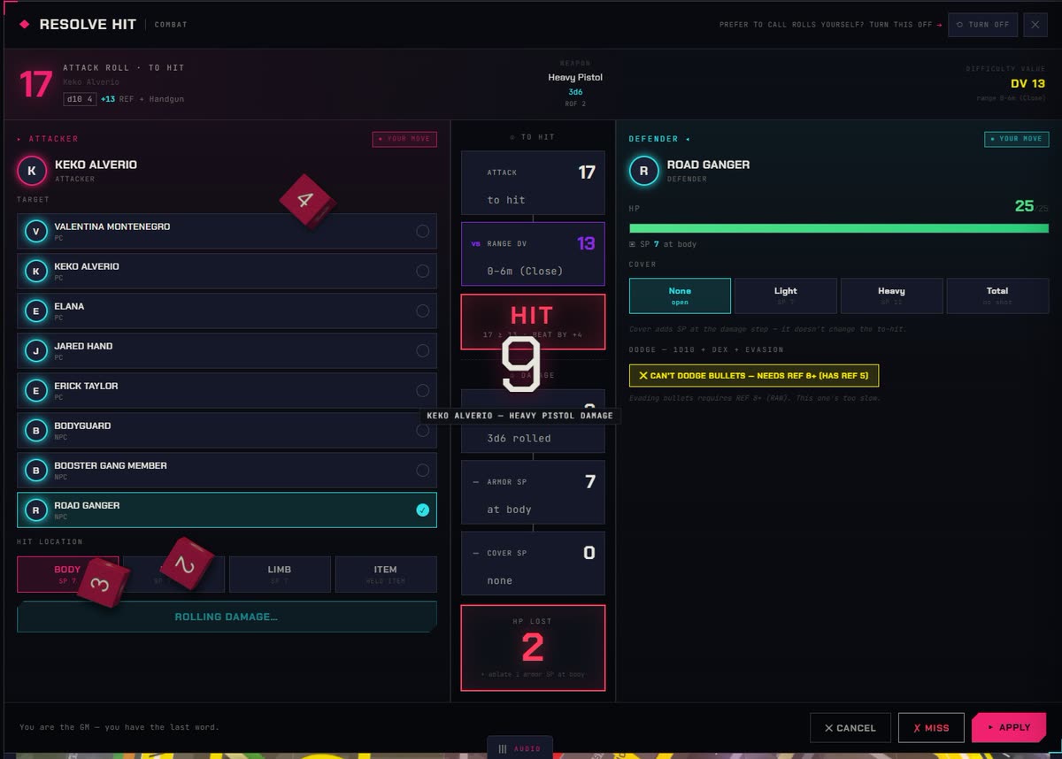 Range and difficulty resolved in the roll — interface preview
