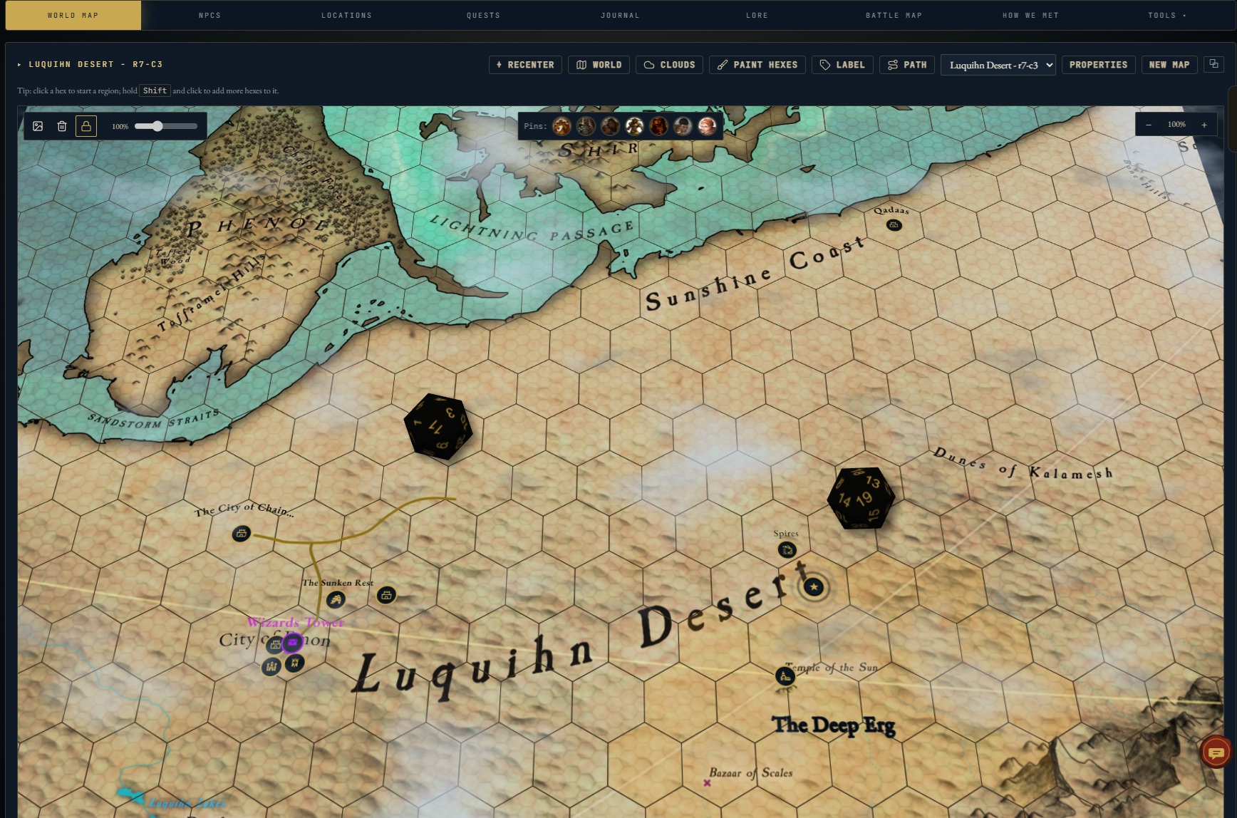 A world map with weather, and dice you can hold — interface preview